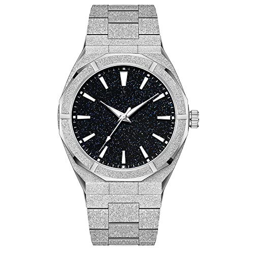 DROCUAMGOYA Men Fashion Analog Quartz Watch Frosted Case Stainless Steel Star Dust Dial 40mm Casual Business Watch for Men Waterproof Luminous (Silver)
