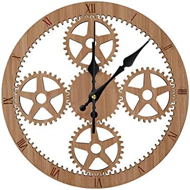 Fathers Day Gift Vintage Gear Wall Clock 11 inches Round 3D Bamboo Non-Ticking Roman Gear Clock Rustic Style Wall Decoration Clock Battery Operated - Best Gift for Dads Birthday