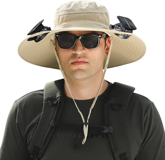 Outdoor Wide Brim Sun Hat with 2 Solar Fan Sun Bucket Hat for Men Women UPF 50+ Bucket Fishing & Beach Hat with Fan Built in (US, Alpha, Medium, XX-Large, A Khaki)