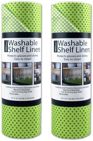 DII Non Adhesive Cut to Fit Machine Washable Shelf Liner Paper For Cabinets, Kitchen Shelves, Drawers, Set of 2, 12 x 10" - Green Dots