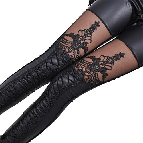 UNIQUE SHOP Womens Faux Leather Lace Mesh Slim Pants Bandage Stretchy Skinny Capris,Medium,Black