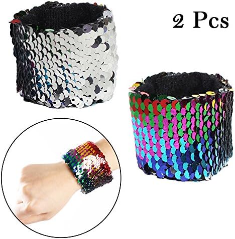 Reversible Sequin Mermaid Bracelet 2 Pack - Birthday Party Favors Christmas Gifts, Two-color Decorative Reversible Charm Sequins Slap Wristband Bracelet for Kids, Girls, Boys, Women (Rainbow - Silver)