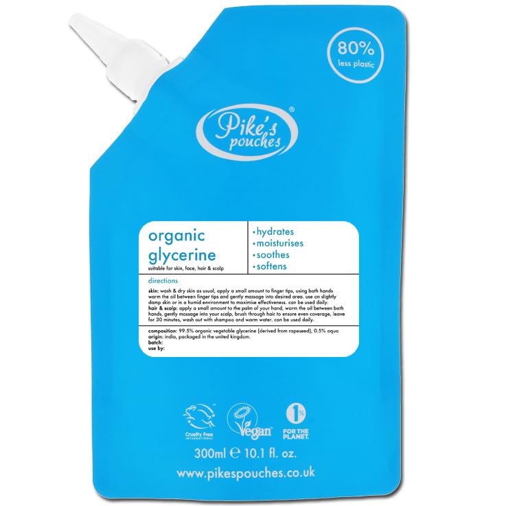 Organic Vegetable Glycerin for Skin, Hair & Face 300ml – 100% Pure Liquid Glycerine | Scalp Moisturiser for Dandruff | Suitable for Eczema & Acne | Natural Food Grade Glycerol Oil | Pikes Pouches