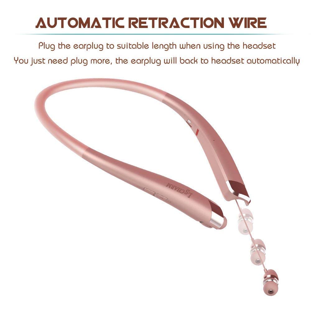 Bluetooth Headphones Retractable, LSCHARM Sport Wireless Stereo Neckband Headset Retractable Earbuds Noise Cancelling with Mic (Rose Gold)