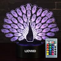 LJOYKID Peacock 3D Led Night Light -Optical Illusion 7 Colors Touch Table Desk Visual Lamp with Remote Control for Gifts Toys for Children Kids