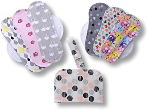 Reusable Menstrual Pads, 6-Pack Cotton Reusable Sanitary Pads with Wings, MADE IN EU, for Menstrual Periods, Incontinence, Postpartum Flow; EXTRA Double Wet Bag with Strap; Washable Menstrual Cloth