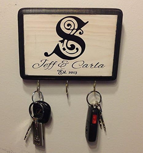 Artlery Personalized Wall Key Holder. Black Border, White Base with Black Font. Bridal Shower Gift, Wedding Gift. Couple's Gift.
