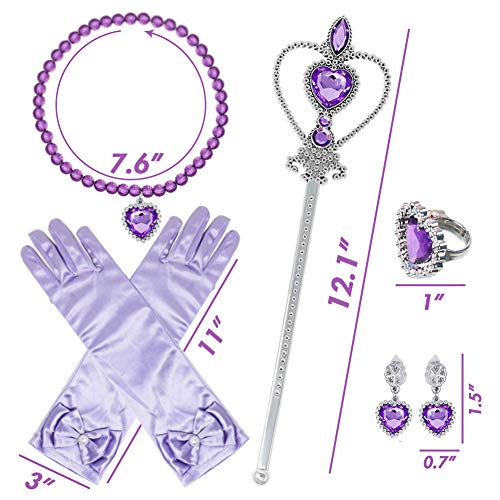 3 otters Princess Dress Up, Princess Costume Accessories Childrens Crown Magic Wand Gloves Necklace Earring Set Party Dress Up Girl Gift Purple 6PCS