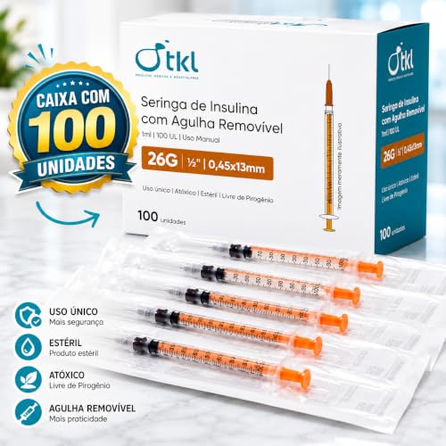 Seringa para Insulina 1ml com Agulha 13x0,45mm 26G, 100 Unidades