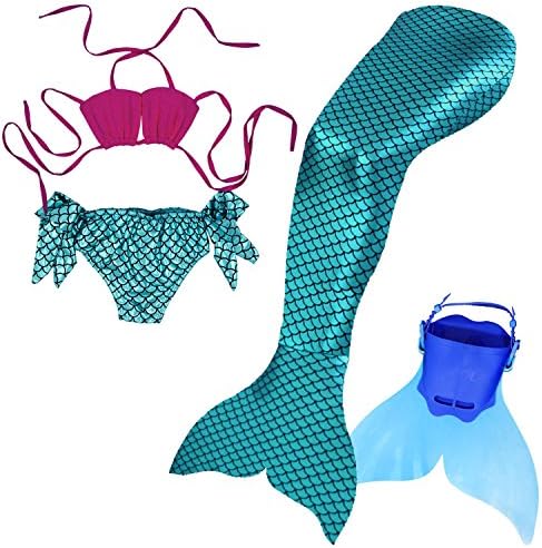 Mayskey Girls Sparkle Mermaid Tail with Monofin Swimmable Tail Swimsuit 4PCS Sets