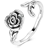 Hapour Adjustable Rose Rings for Women S925 Sterling Silver Stackable Open Eternity Band Flower Leaves Rings