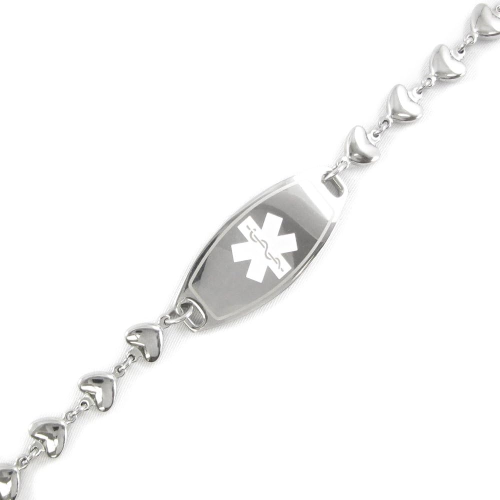 Gluten Allergy ID, Medical Alert Bracelet, Heart Chain (White) Pre-Engraved