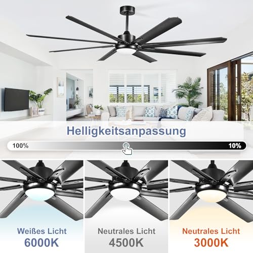 XSXUDODP Ceiling Fans 185 cm with Light, Outdoor White Ceiling Fan with Lighting and Remote Control, 8 Aluminum Blades, 6 Speed, Reversible DC Motor, Black