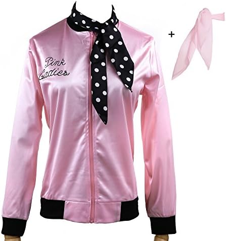 Yan Zhong 1950s Pink Ladies Satin Jacket Neck Scarf T Bird Women Danny Halloween Costume Fancy Dress
