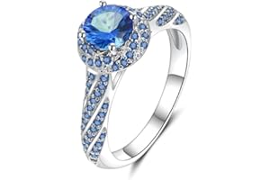 Lozeux Silver Plated Round Cut Created Blue Sapphire Rainbow Cubic Zirconia Filled Engagement Wedding Proposal Promise Ring Band for Women Ladies Girls Forever Love Jewelry Gift