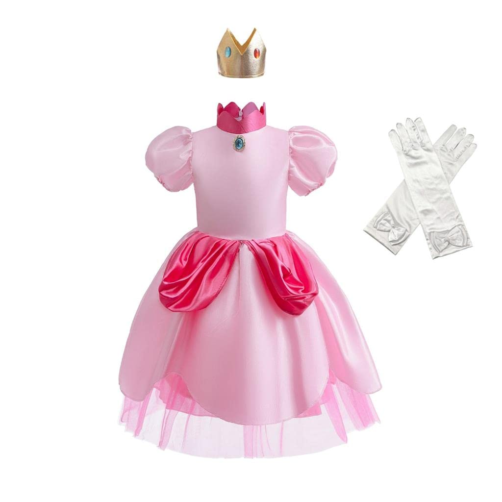 Lito Angels Princess Peach Fancy Dress Up Costume with Crown and Gloves for Kids Girls Age 3-4 Years, Hot Pink (Tag Number 110)