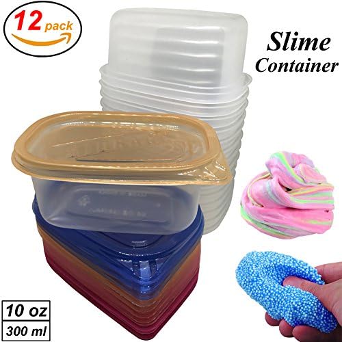 Slime Containers with Lids and 100 Pcs Labels Plastic Storage Jars, to Hold Foam Balls Slime Floam Beads, Air Tight Seal, No Leak or Drip, 10 oz, Clear, Pack of 12