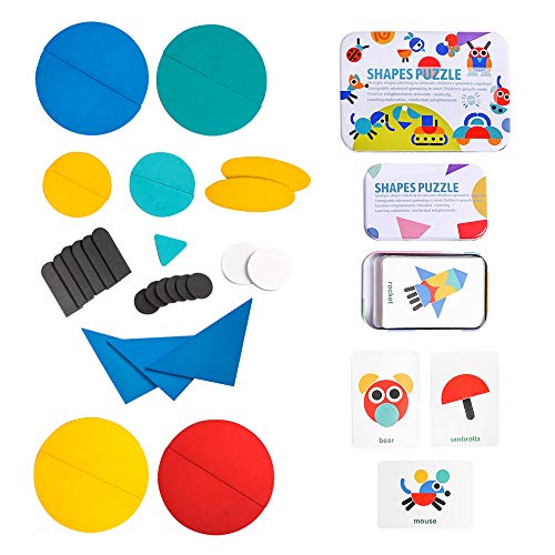 JCREN Wooden Pattern Blocks Animals Jigsaw Shape Puzzle Travel Sorting and Stacking Games Montessori Educational Toys for Toddlers Kids 2+ Years Old (36 Shape Pieces and 60 Design Cards in Iron Box