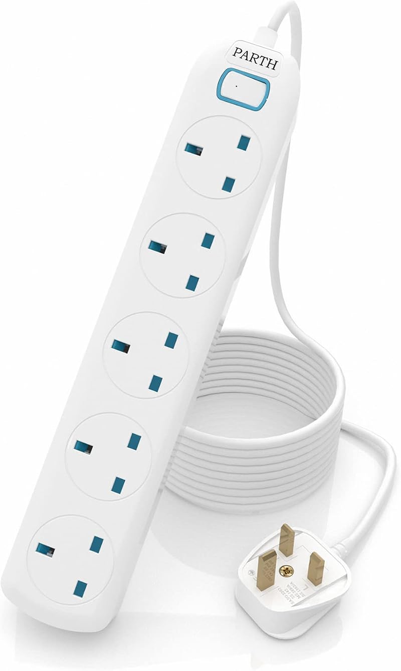 PARTH 5 Way Extension Lead 5M Surge Protected UK Plug Power Strip 13A Switch
