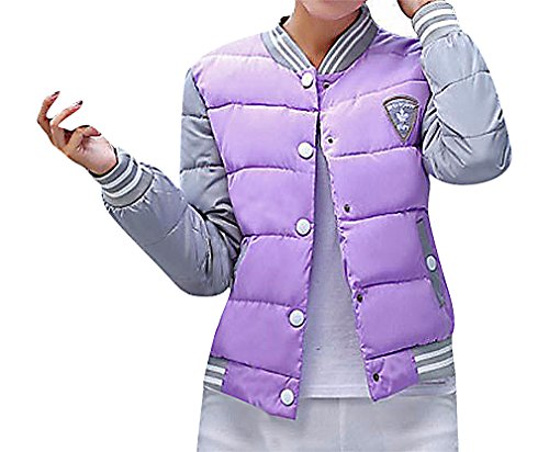 Maze, Women's Baffle Quilted 3 Color Stripe Trim Buttoned Baseball Padded Jacket, Lavender S ,Manufacturer(M)