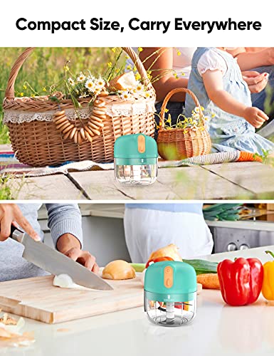 Electric Mini Garlic Chopper, [60W QUICK EASE CHOP] Food Vegetable Chopper 250ML BPA Free for Pepper Garlic Chili Vegetable Meat Mincer/Grinder/Puree, Baby Food TREBLEWIND（Green）