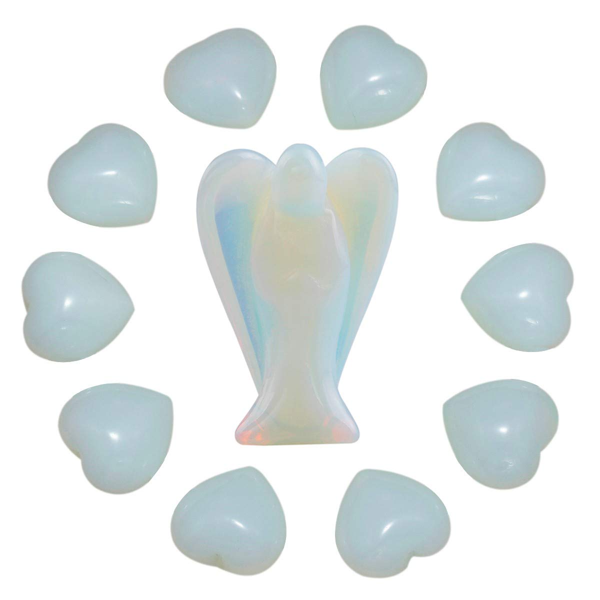 mookaitedecor Opalite Crystal Angel Ornament Guardian Angel Statue & Opalite Heart Crystals Set White Heart Shaped Stones Love Ornament Reiki Healing Crystal Set Small Crystal Gift