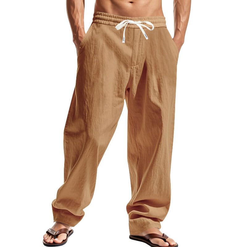 Photo 1 of TAFLE Mens Linen Pants Casual Summer Beach Pants Elastic Waist Drawstring Lightweight Vacation Trousers with Pockets Orange