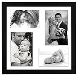 12x12 Inch Black Collage Picture Frame; Made to Display 4 Photos: Two 4x6 Inch Pictures and Two 5x7 Pictures with Mat