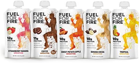 Fuel For Fire - Fruit &amp; Protein Smoothie Squeeze Pouch 4.5 oz - 9 Ingredients - Perfect for Workouts, Kids, Snacking - Gluten-Free, Soy-Free, Kosher, No Added Sugar (Variety, 5-Pack)