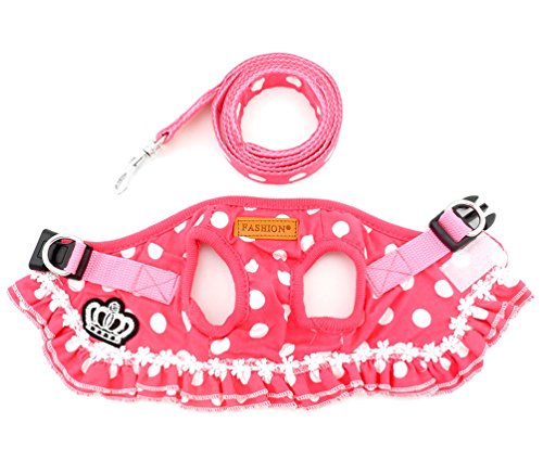 SMALLLEE_LUCKY_STORE Small Dog Cat Sweet Dots Pattern Vest Harness Leash Set Mesh Padded Lead Pink M