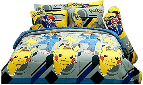 Pokkemon Official Licensed Yellow Gray Bedding Set, 1 Fitted Sheet, 2 Pillow Case, 2 Bolster Case, 1 Comforter Set B+1 (Queen 60"x78")