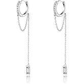 Reffeer 925 Sterling Silver CZ Chain Hoop Earrings Dangle for Women Teens Dangle Earrings Chain Drop Earrings Huggie