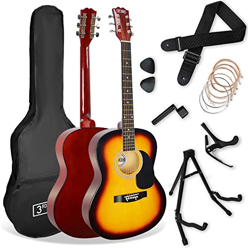 3Rd Avenue Pack Guitare Acoustique 4/4 Taille Standard Pour Débutants, Housse, Médiators, Jeu De Cordes De Rechange, Stand, Sangle, Capodastre – Sunburst