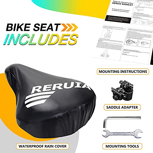 RERUIA Large Comfortable Bike Seat Wide Saddle Shock Absorbing - Oversized Memory Foam Padded Exercise Bicycle Seat Waterproof Leather Cover - Universal Soft Replacement Cycling Cushion for Men Women