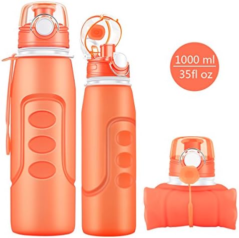 JUNYI Sport Water Bottle, Non-toxic Silicone Edible Material Drinking Water Bottle Collapsible water bottle Outdoor Sports Water Bottle 1000ML 34 Ounces(Orange)