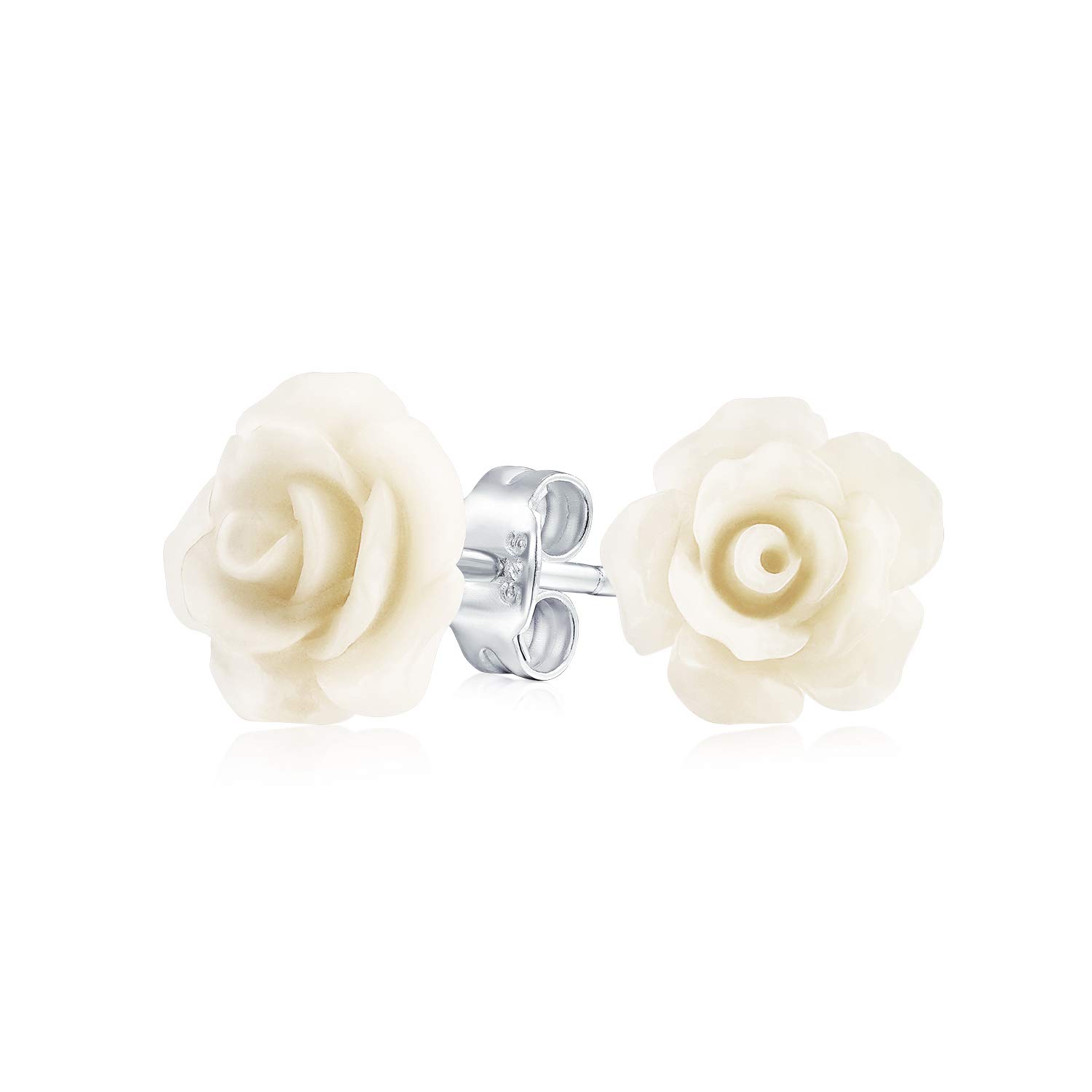 Romantic Delicate Floral3D carved Cream Off White Flower Stud Earrings For Women For Teen For Mother Silver Plated — image 1
