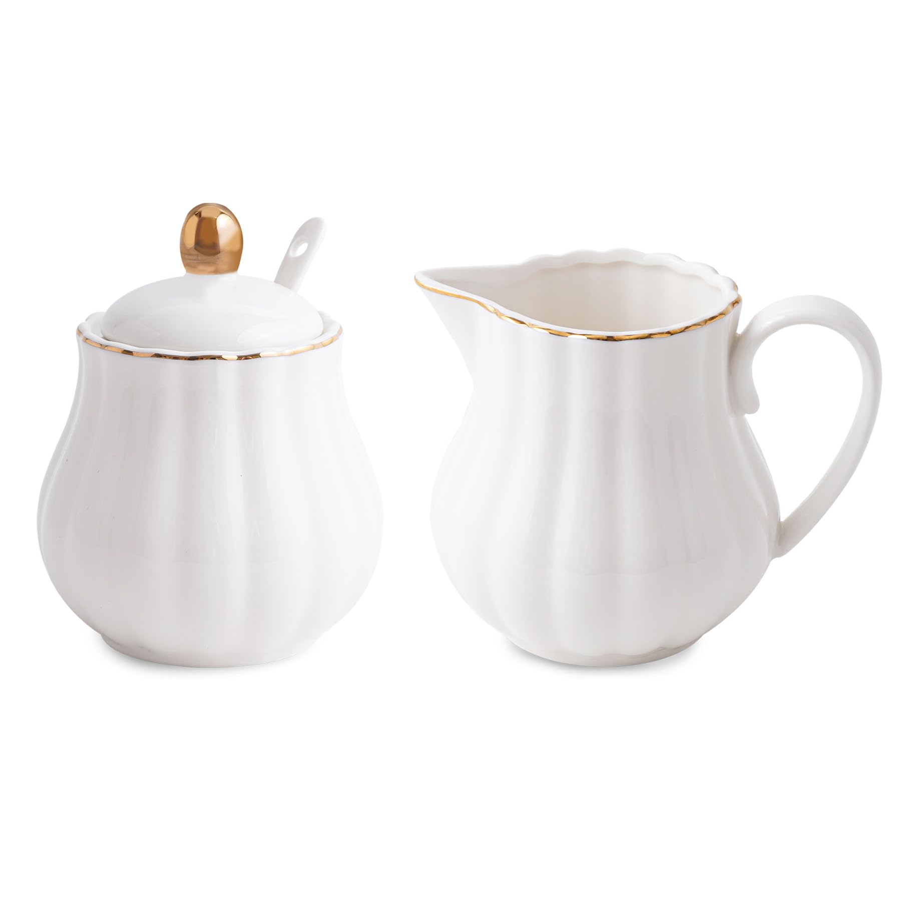 Photo 1 of Agyiuns Ceramic Sugar and Creamer Set, 3 Piece with Cream Pitcher, Sugar Bowl with Lid and Spoon,Coffee and Tea Serving Set (White with gold line)