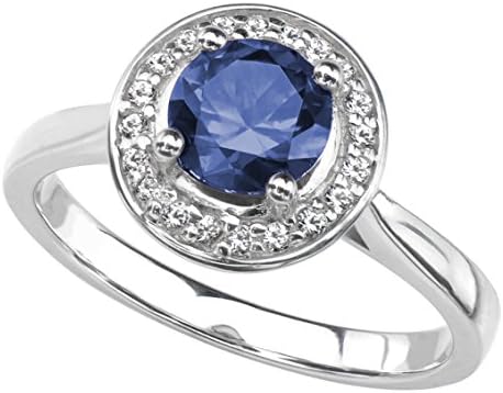 Lab Created Blue Sapphire Ring in Rhodium Plated Sterling Silver - Created White Sapphire Halo