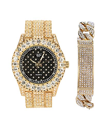 Mens Bling-ed Out Bezel Gold Black Dial Watch with Simulated Lab Diamonds and Cuban ID Bracelet Set