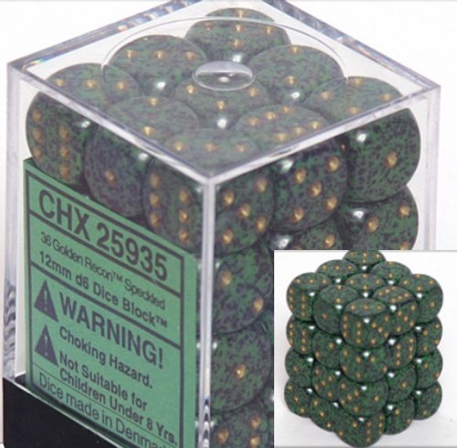 Chessex Dice d6 Sets: Golden Recon Speckled - 12mm Six Sided Die (36) Block of Dice