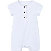 Y·J Back home Infant Boy Quality 100% Cotton Ribbed Onesie, Pocket Baby Romper, Short Sleeve One-piece Shirt For Summer, White, 6-9 Months