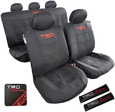 NEW Universal All Black/Charcoal Canvas Embroidery Car Seat Covers, 2 Carbon Shoulder Pads &amp; Anti Slip Mat For Toyota Corolla Hilux RAV4 Tacoma Camry 4Runner Models (All Black)