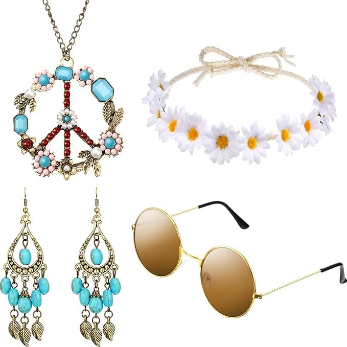 mefound 5 Pcs Hippie Costume Accessories Set,60s 70s Hippy Dressing Accessory Women Supplies Fancy Glasses Peace Sign Necklace Earrings and Hippie Headband