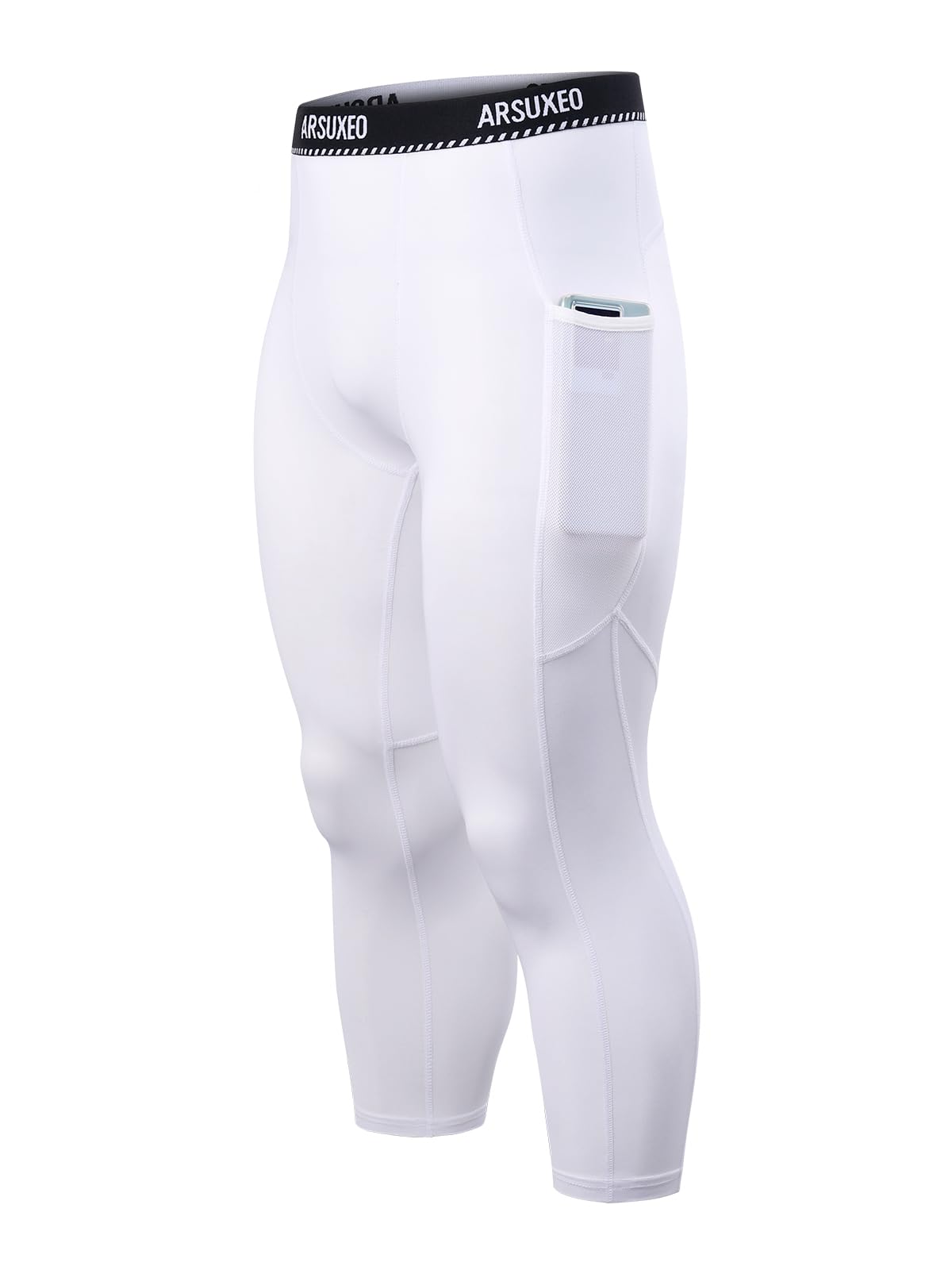 Photo 1 of ARSUXEO Men's 3/4 Running Compression Tights Capri Pants with Phone Pockets K76 White Size Medium