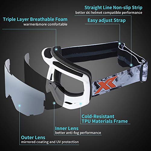 XR Ski Snowboard Goggles Anti-Fog UV Protection HD Cylinder Lens Over Glasses Non-Slip Strip Snow Goggles for Men&Women (Silver)