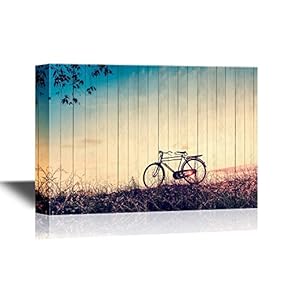 Canvas Wall Art - Beautiful Landscape Image with Silhouette Bicycle at Sunset in Vintage Tone Style - Gallery Wrap Modern Home Art | Ready to Hang - 12x18 inches