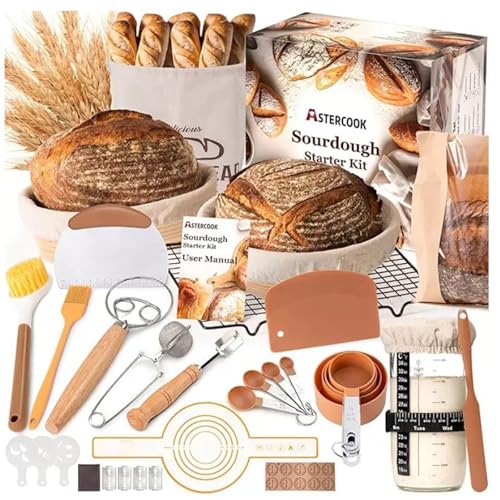 Kit de inicio de masa madre, Suministros para Hornear Pan de Masa Madre, Incluye 2 cestas de fermentación, Manual, Tarro, Espátula, Cuchillas, Bolsas y Más, Regalos de repostería