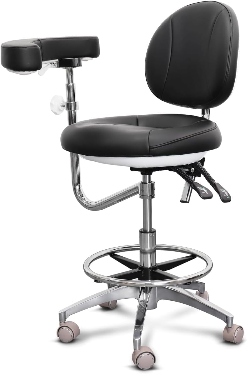 Photo 1 of LIMKOMES Medical Dental Assistant Chair with Rotatable Armrest Rolling Medical Chair Ergonomic Swivel Seating Back Support Dentist Stool for Clinics, Dental Offices, Labs-Black