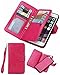 Valentoria Premium Vintage Leather Wallet Case Magnetic Detachable Slim Back Cover Card Holder Slot Wrist Strap (Hot Pink)