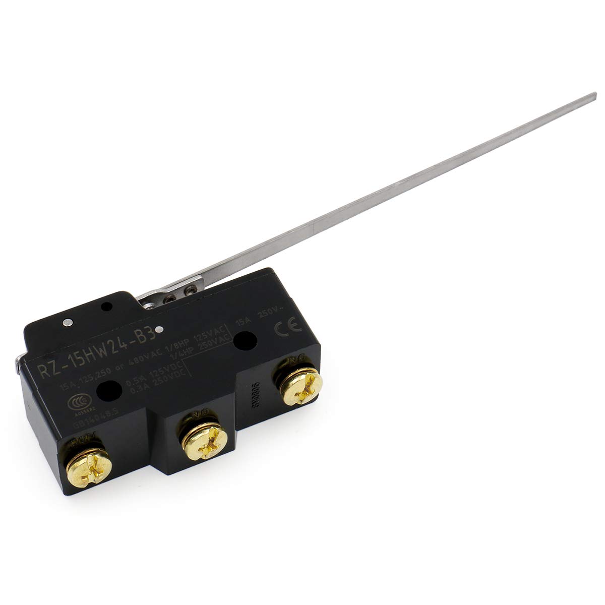 Heschen micro switch Z-15HW24-B low force hinge lever 3 screw terminal 15A rated current, black, Long Hinge Roller Lever (Z-15HW24-B)